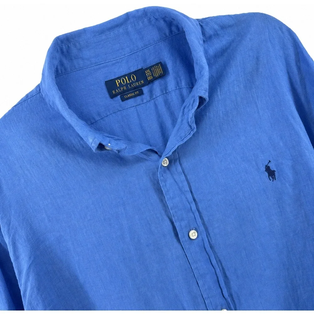 Polo Ralph Lauren Linen Shirt Men 2XL Blue Long Sleeve Classic Fit Pony Summer